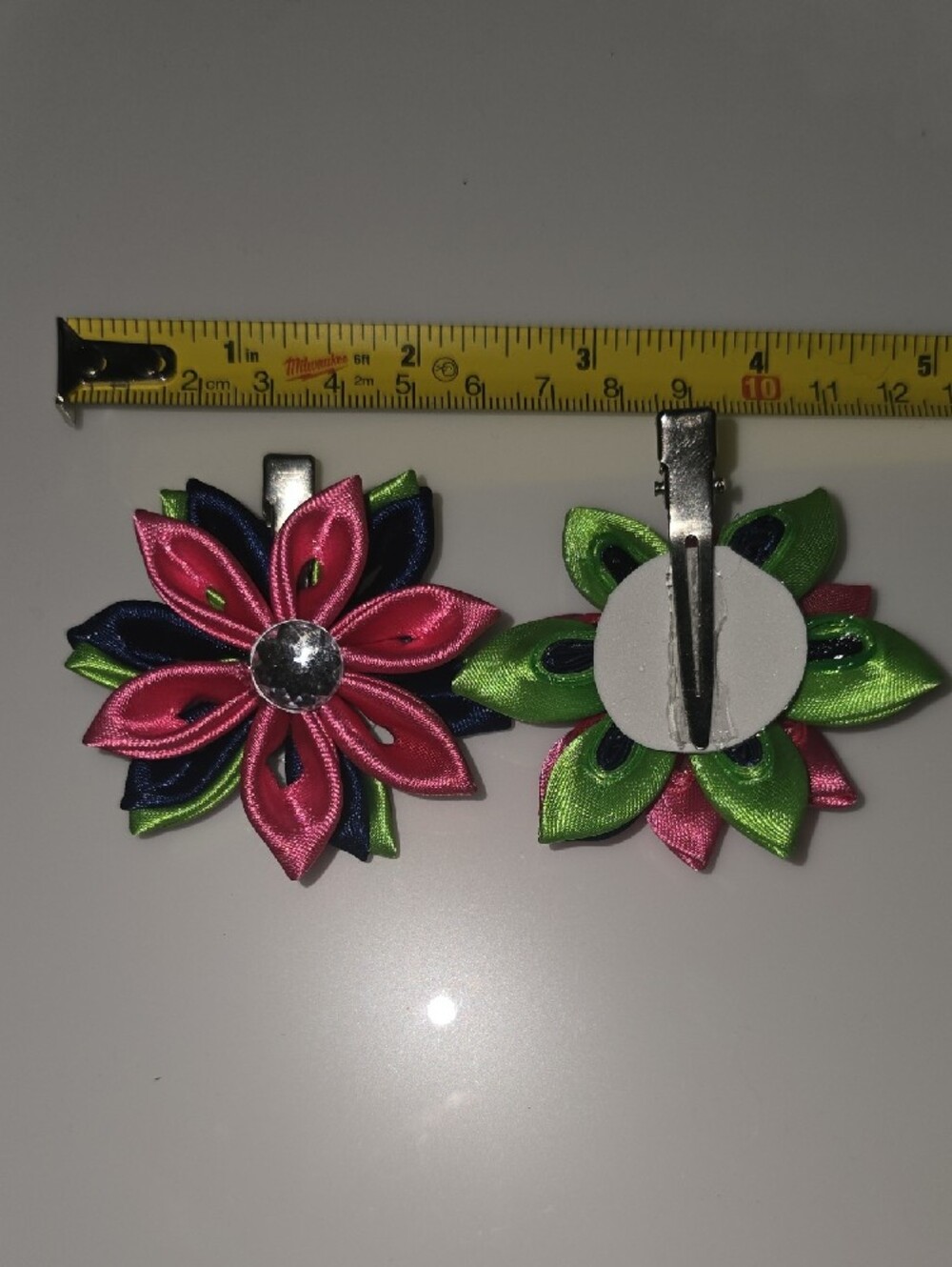 Handmade Pink Navy Green Floral Satin Hair Clips with Crystal Accent - Picture 5 of 5
